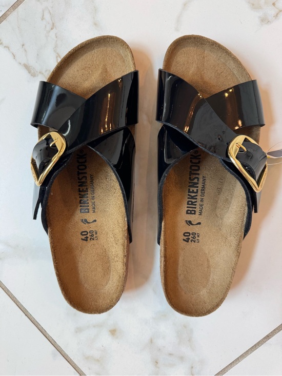 Birkenstock Shoes - Birkenstock Siena Women’s Black Patent Slide Sandals with Big Gold Buckles NWOT